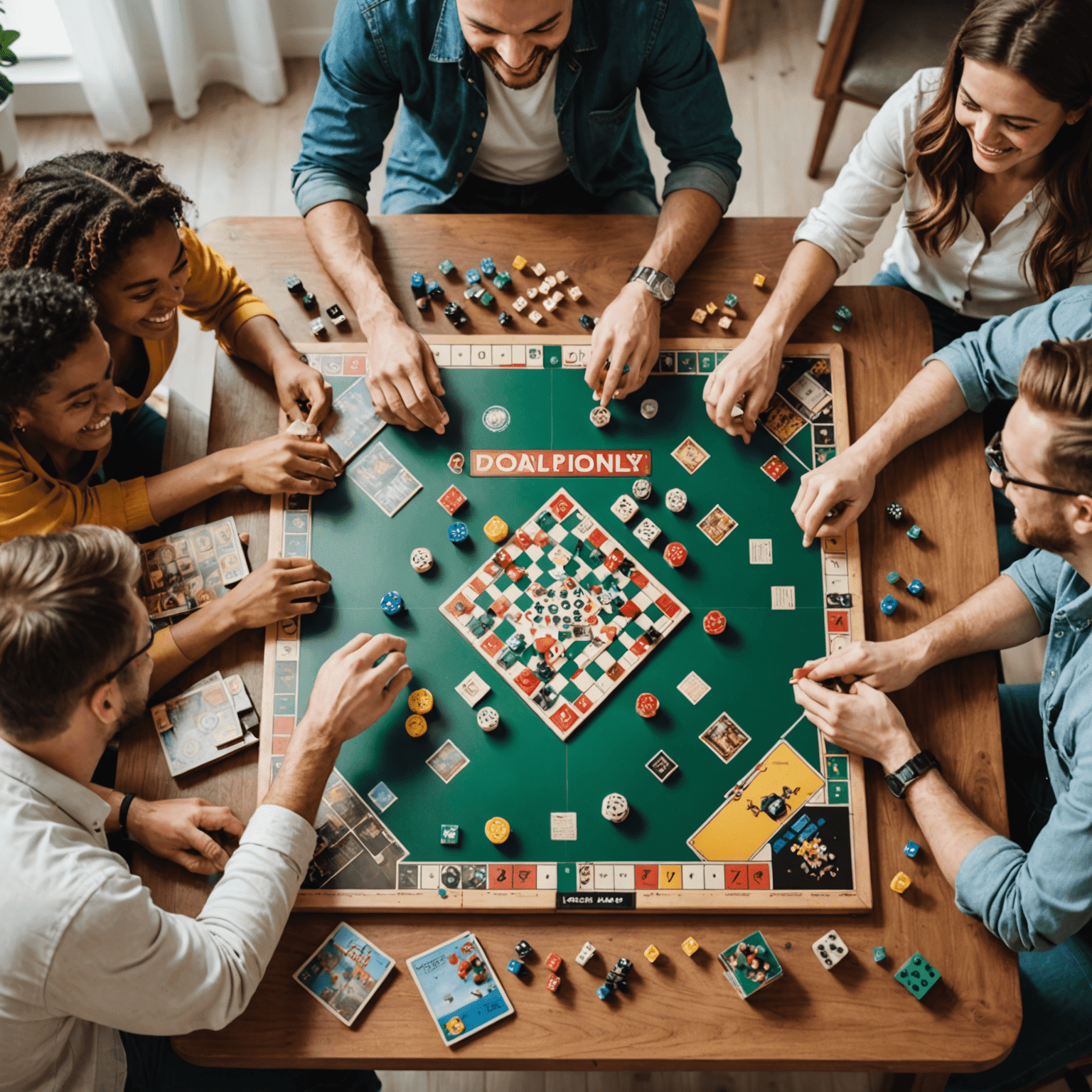Sekelompok orang sedang bermain permainan papan bersama, tertawa dan bersenang-senang di meja yang penuh dengan berbagai permainan papan populer
