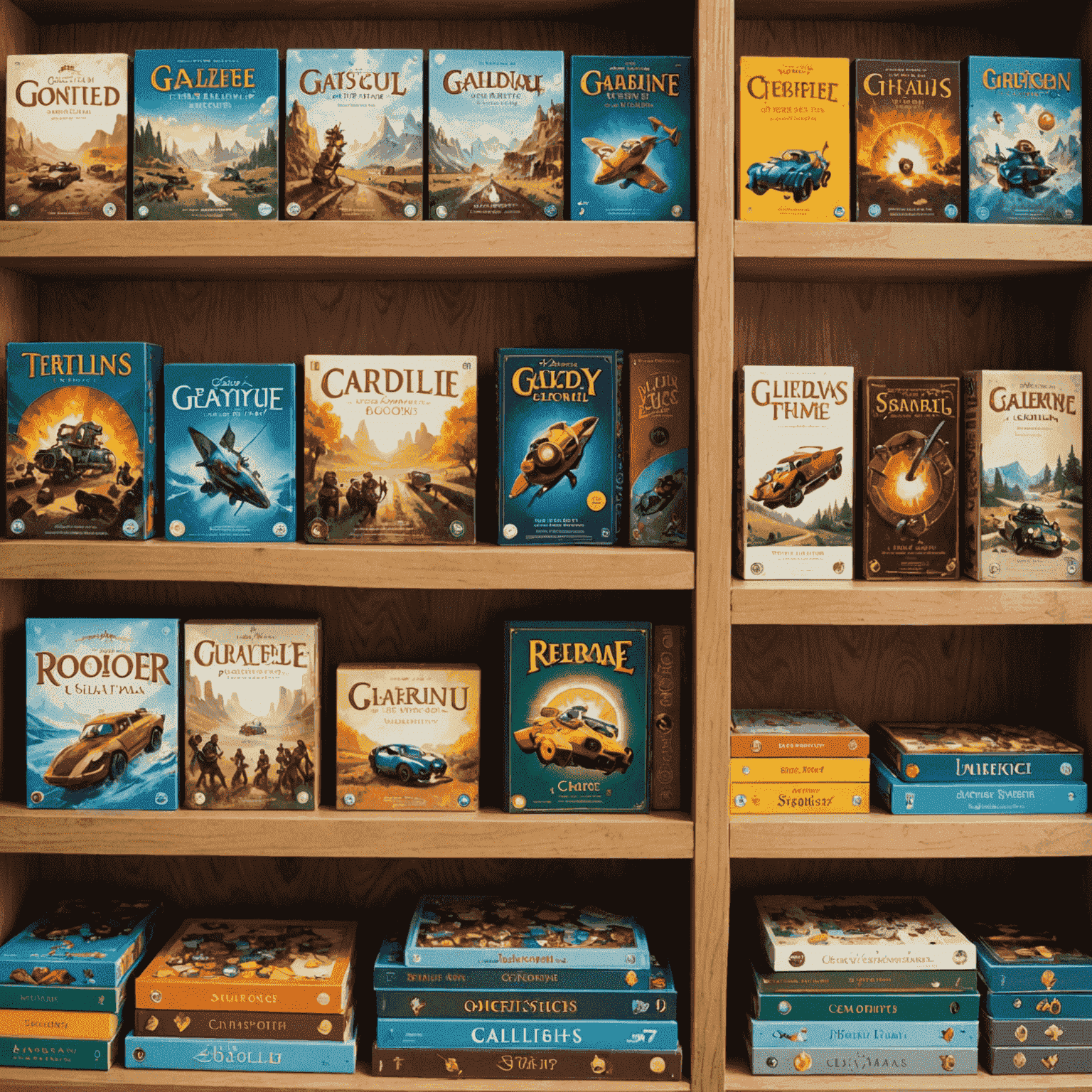 Berbagai macam permainan papan tersusun rapi di rak, menampilkan keragaman koleksi dari klasik hingga modern