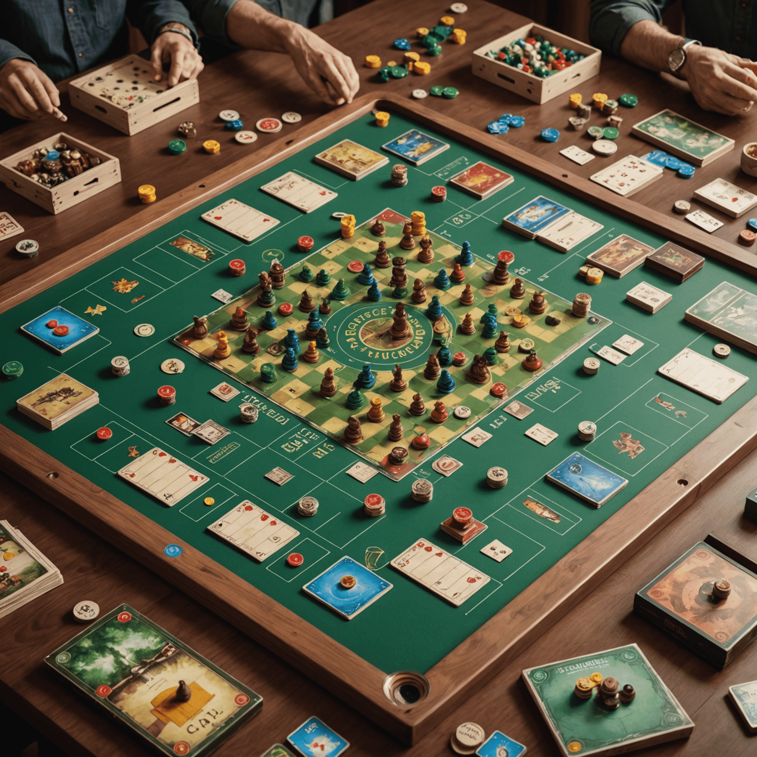 Gambar menampilkan berbagai permainan papan strategi populer tahun 2024, termasuk meja dengan beberapa papan permainan, kartu, dan token yang tersebar.