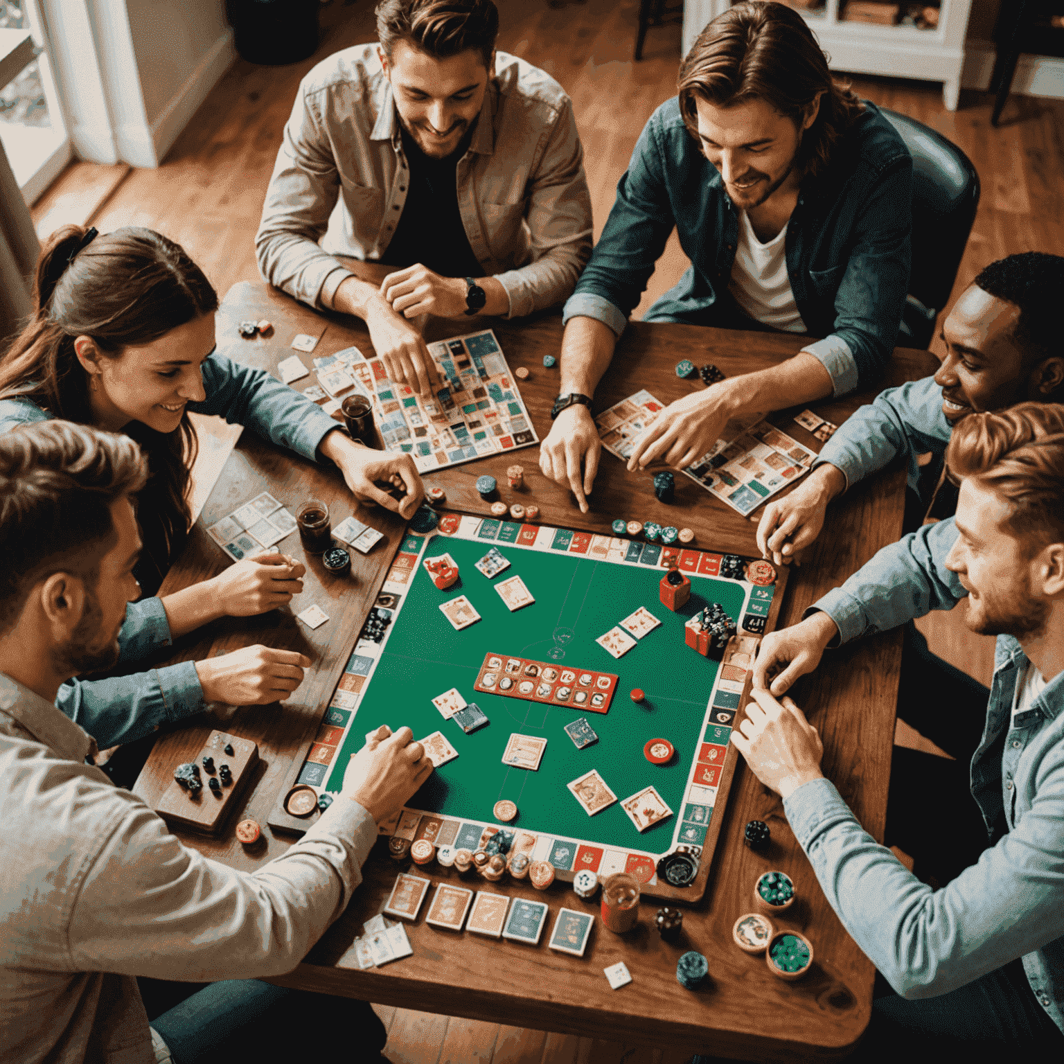 Sekelompok teman sedang bermain permainan papan di meja, dengan berbagai permainan tersebar di sekitar mereka. Suasana hangat dan menyenangkan terlihat jelas.