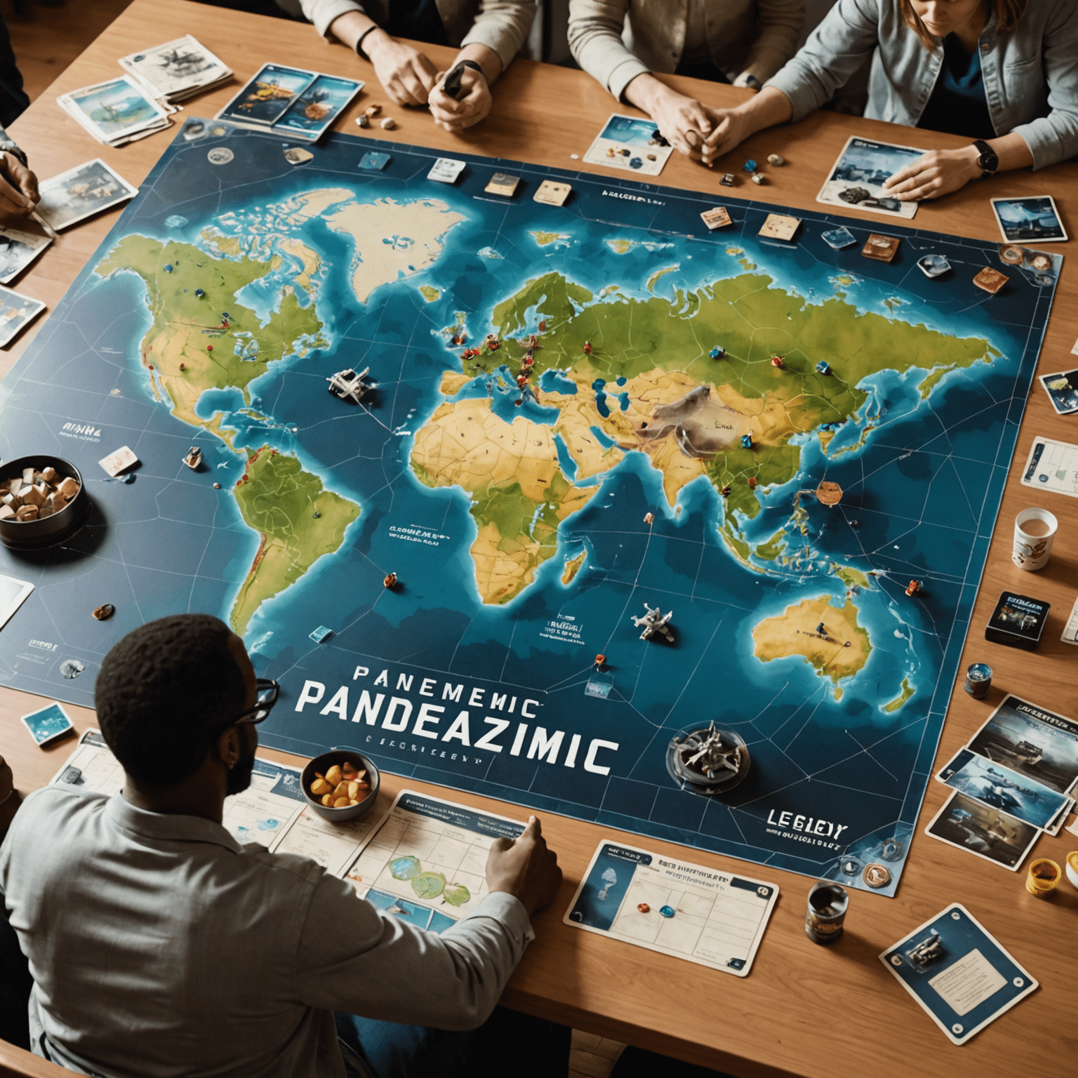 Sekelompok pemain sedang memainkan permainan legacy 'Pandemic Legacy' di atas meja, dengan komponen permainan yang kompleks dan peta dunia yang terlihat jelas