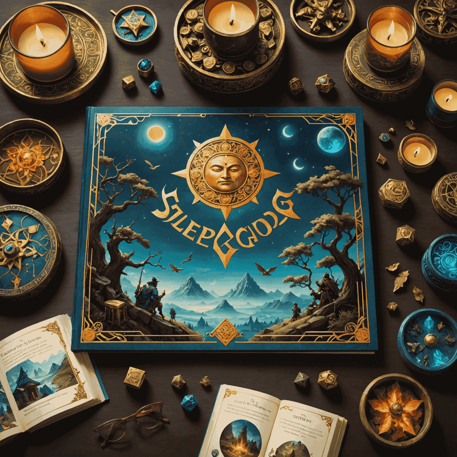 Buku cerita dan komponen permainan Sleeping Gods yang tersebar di atas meja