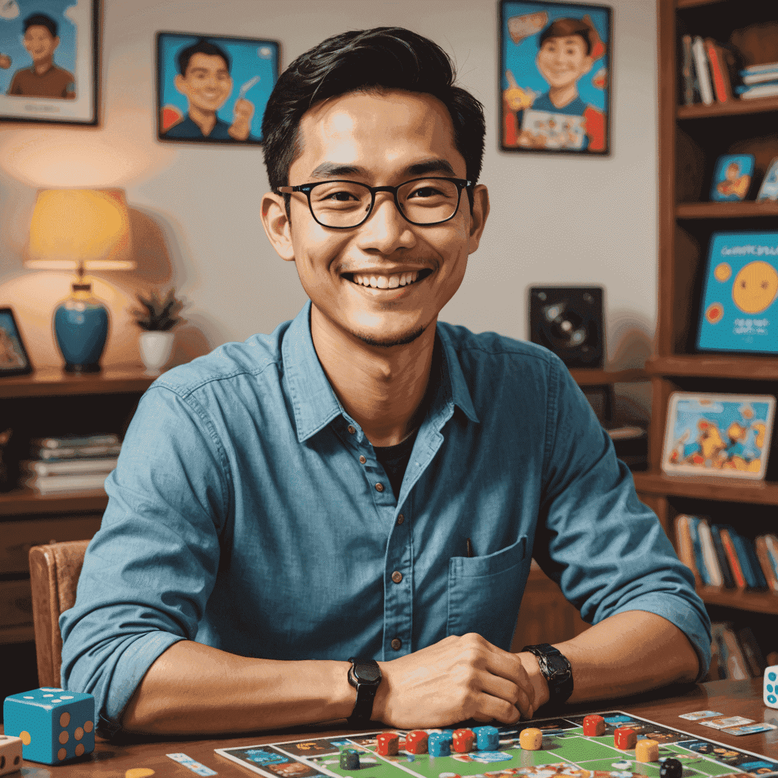 Foto Budi Santoso, pendiri GameCraft, tersenyum ramah sambil memegang permainan papan