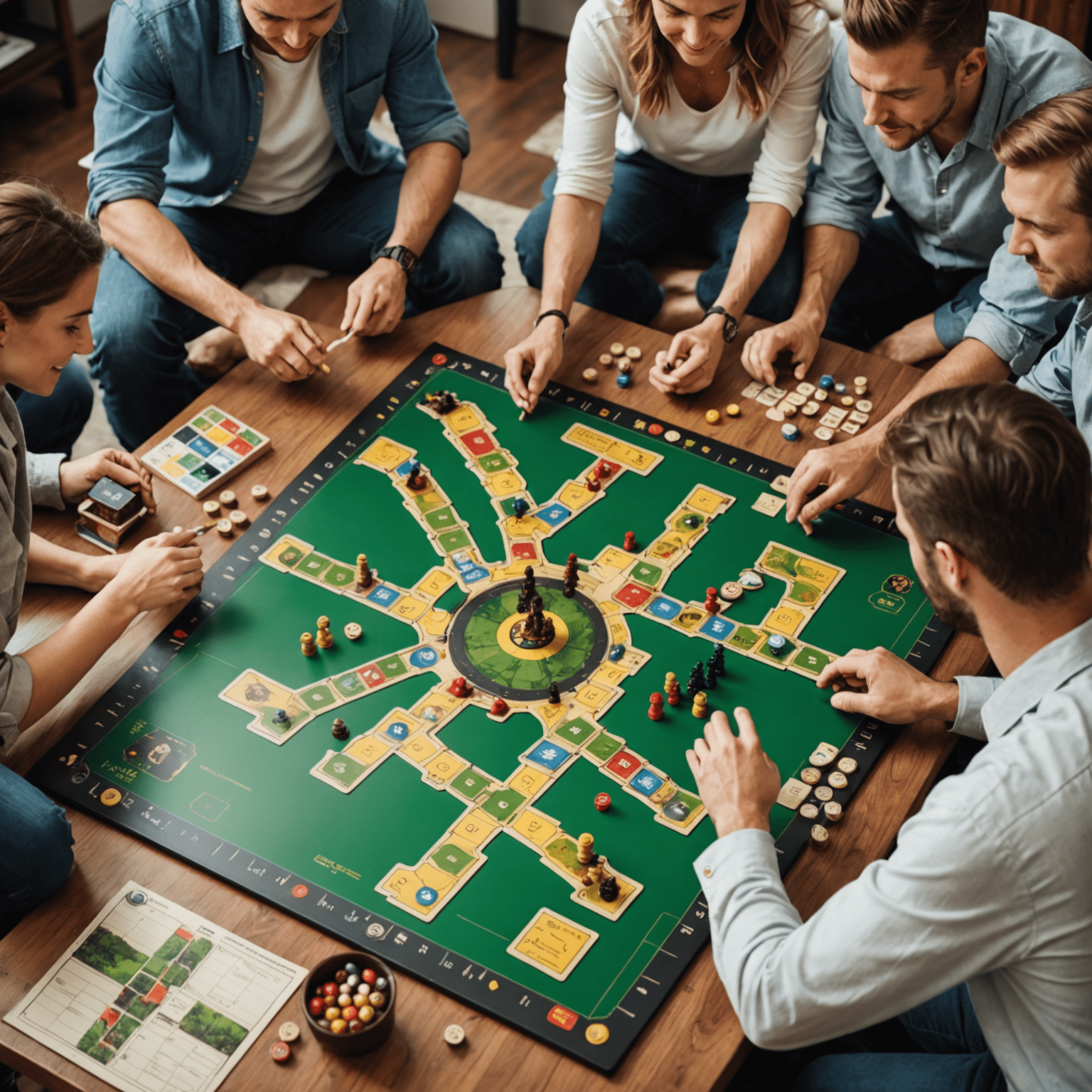 Sekelompok orang sedang bermain permainan papan strategi, dengan fokus pada papan permainan yang kompleks
