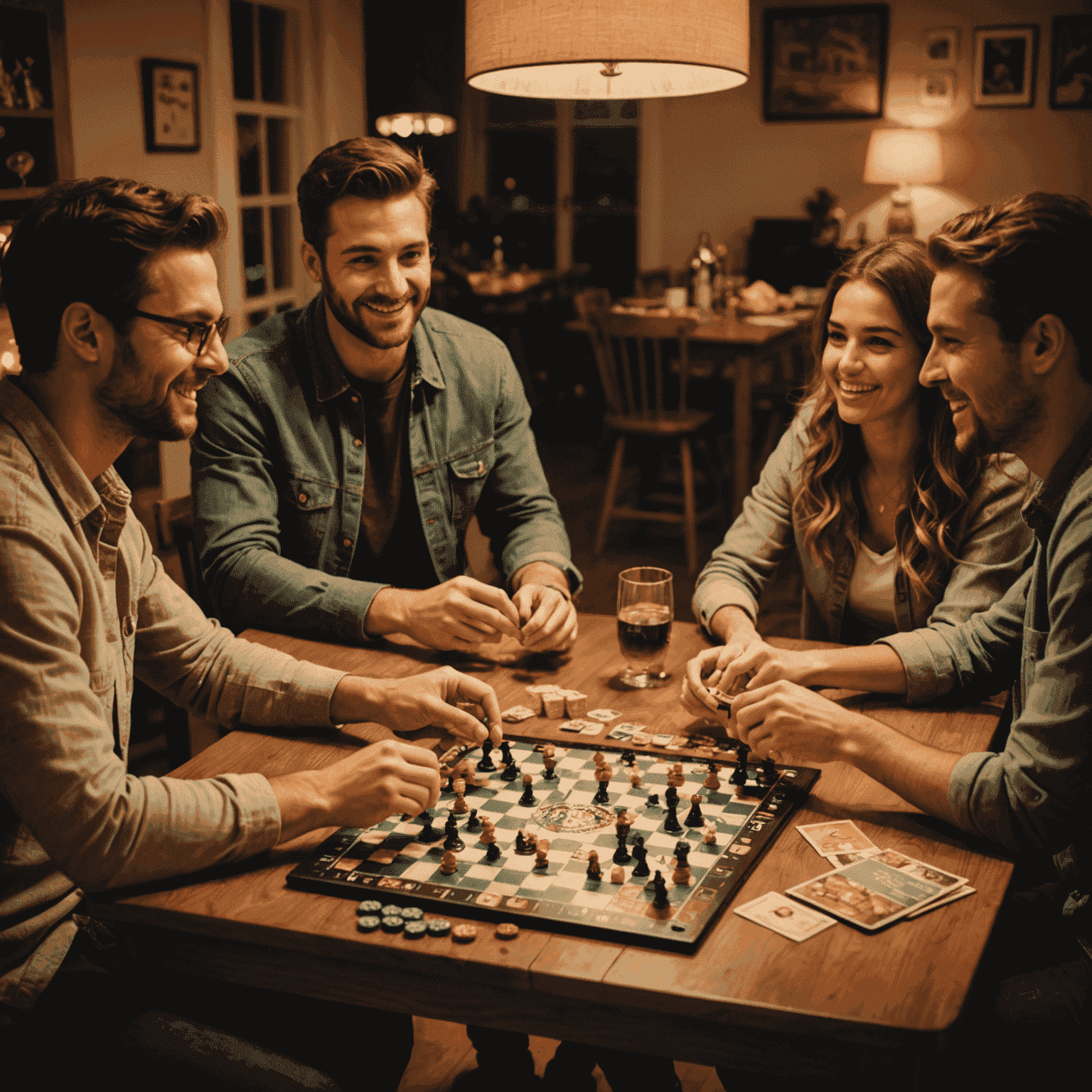 Gambar suasana malam permainan papan yang sempurna, menampilkan sekelompok teman yang sedang bermain di meja dengan pencahayaan yang nyaman, makanan ringan, dan berbagai permainan papan yang tersedia.