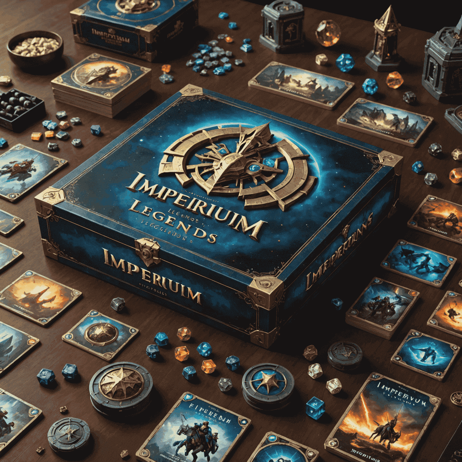 Kotak permainan Imperium: Legends dengan komponen permainan yang tersebar di sekitarnya