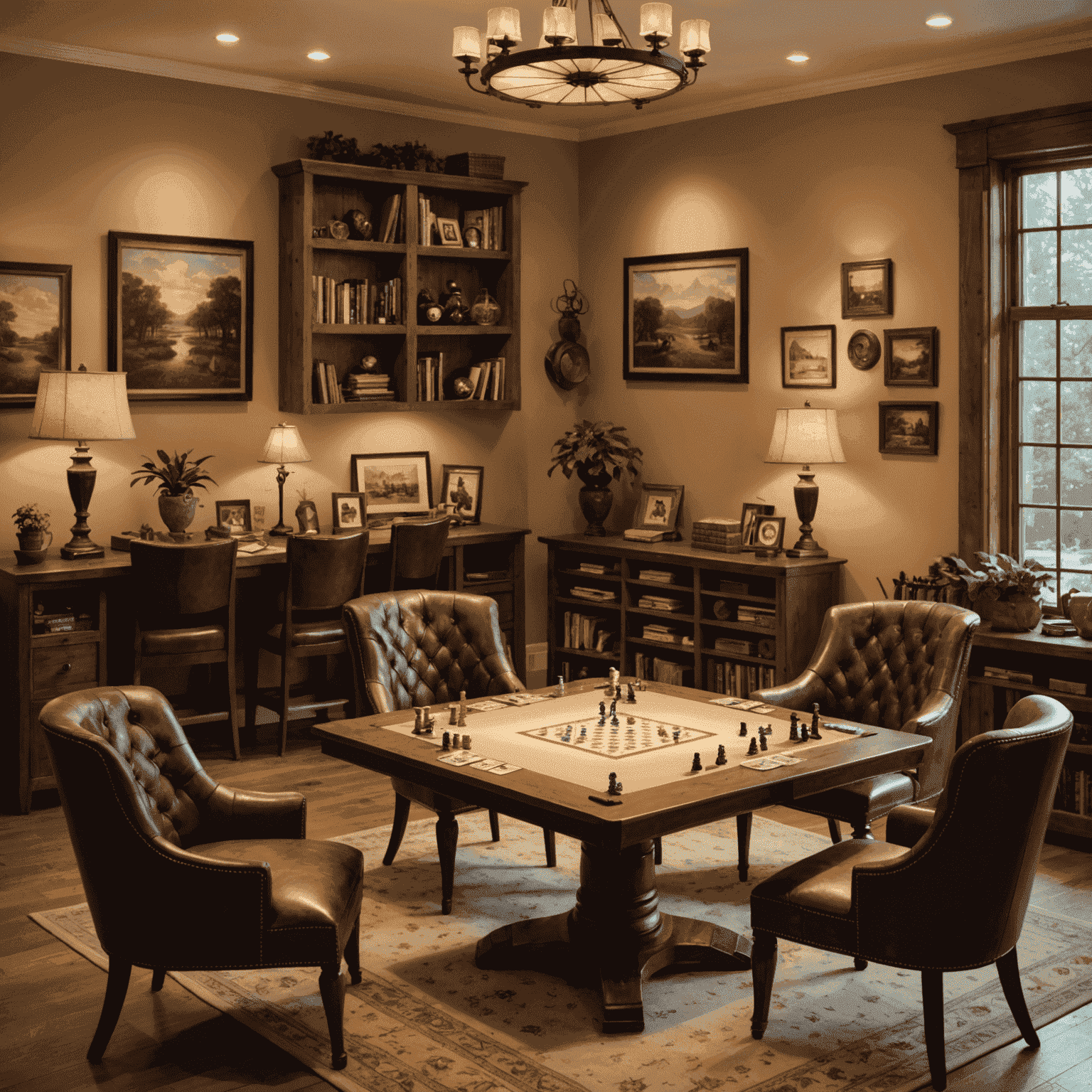 Ruangan yang diatur dengan baik untuk malam permainan papan, dengan meja besar di tengah, kursi yang nyaman, dan pencahayaan yang hangat.