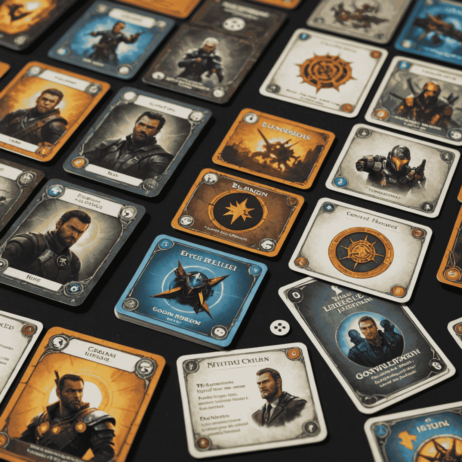 Close-up dari komponen permainan legacy yang telah dimodifikasi, menunjukkan stiker, catatan pemain, dan kartu yang telah dicoret atau diubah