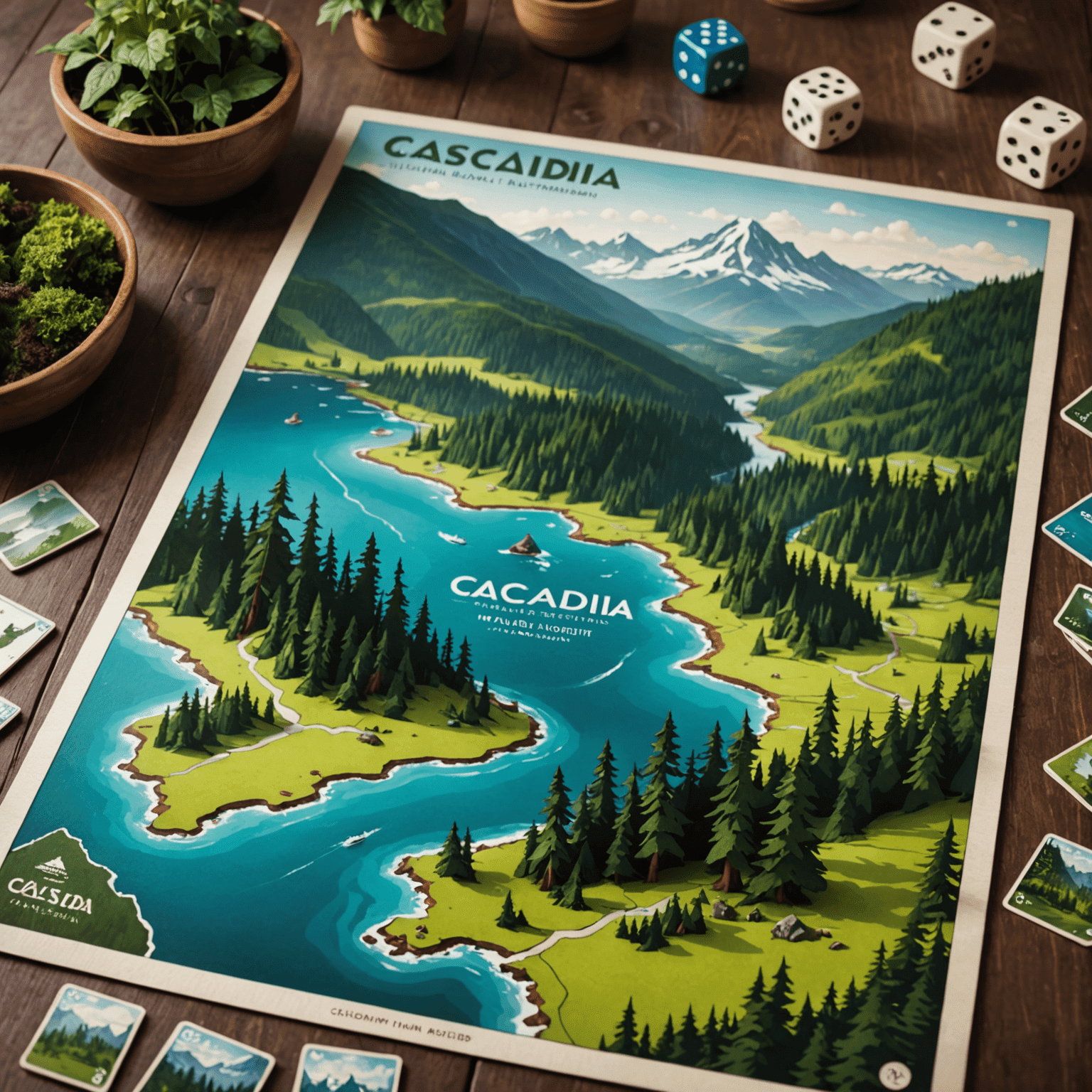 Papan permainan Cascadia yang menampilkan lanskap alam Pasifik Barat Laut