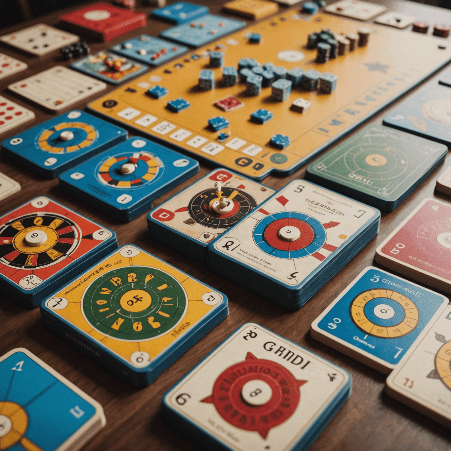 Close-up dari beberapa permainan papan yang sudah disiapkan di atas meja, dengan kartu aturan dan komponen yang tertata rapi.