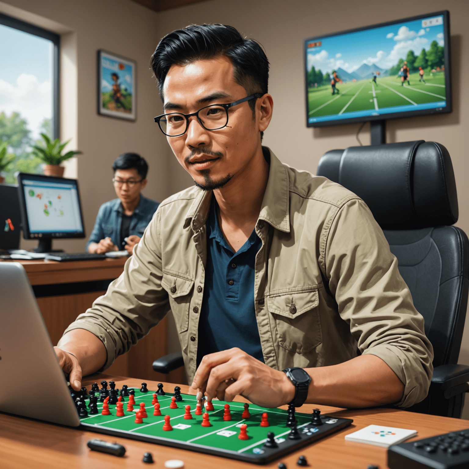 Foto Adi Wijaya, ahli strategi GameCraft, sedang menjelaskan taktik permainan dengan antusias