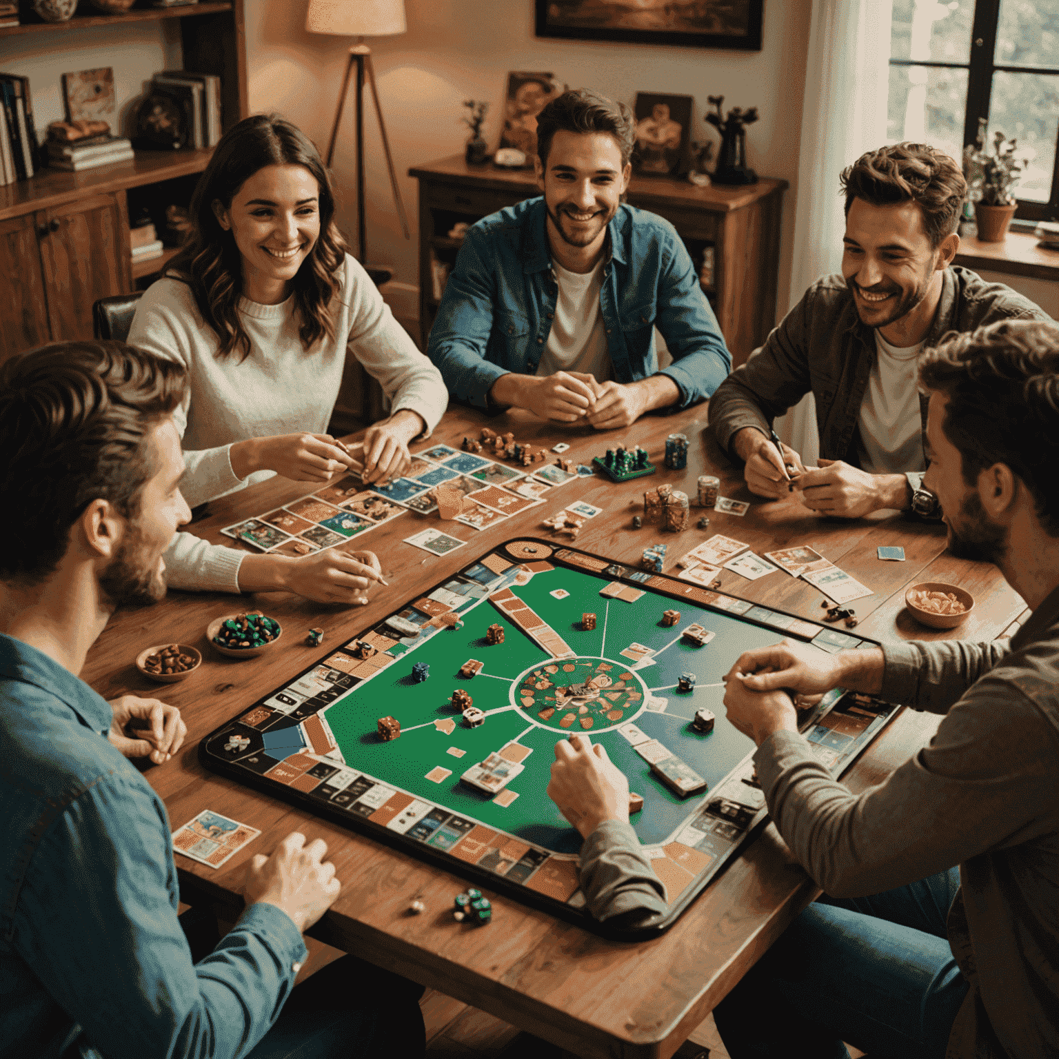 Sekelompok teman sedang menikmati malam permainan papan dengan suasana yang hangat, makanan ringan, dan beragam permainan di atas meja