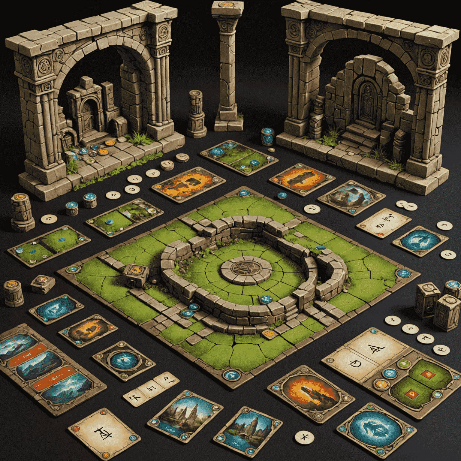 Komponen permainan Lost Ruins of Arnak termasuk kartu, token, dan papan utama