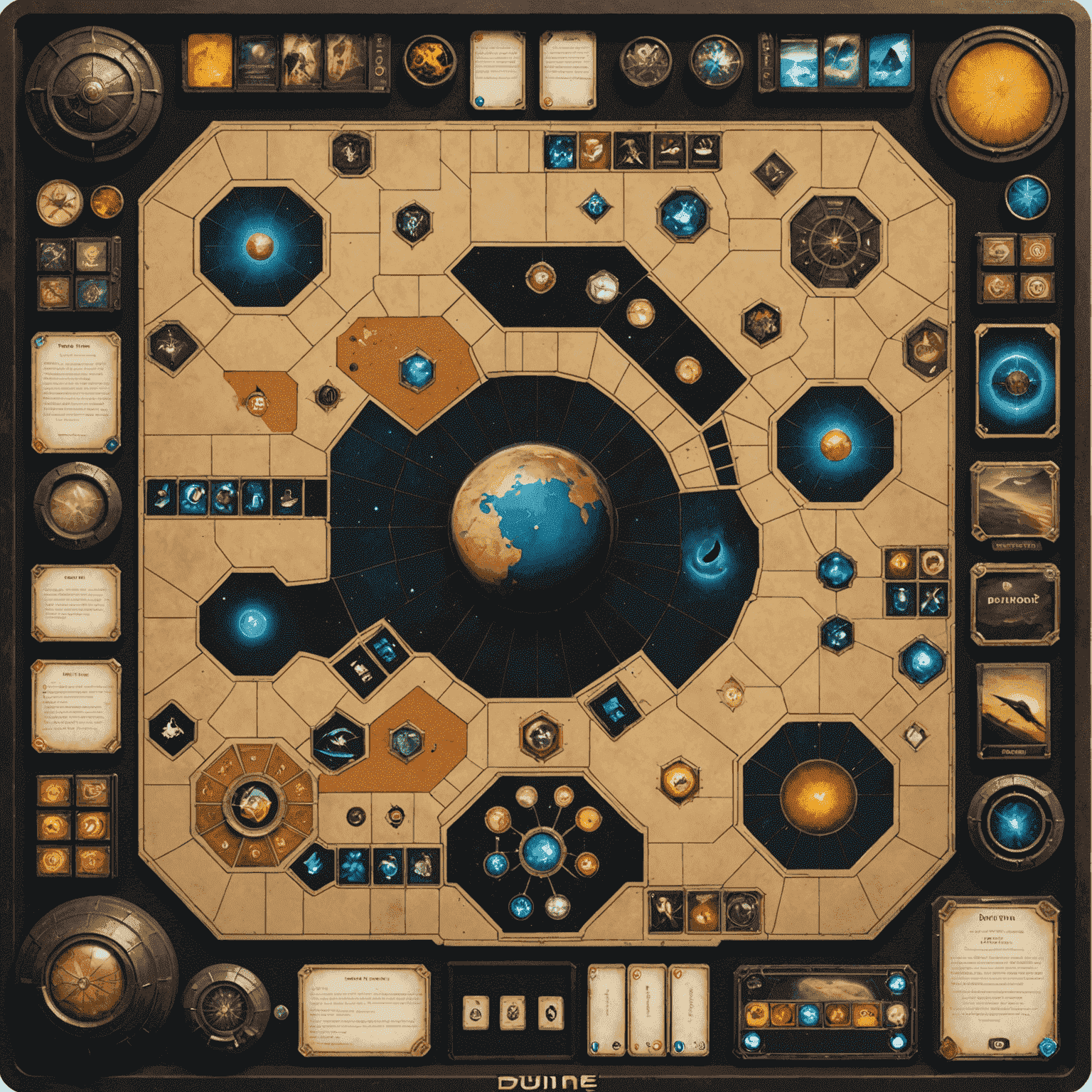 Papan permainan Dune: Imperium dengan kartu dan komponen yang tersebar