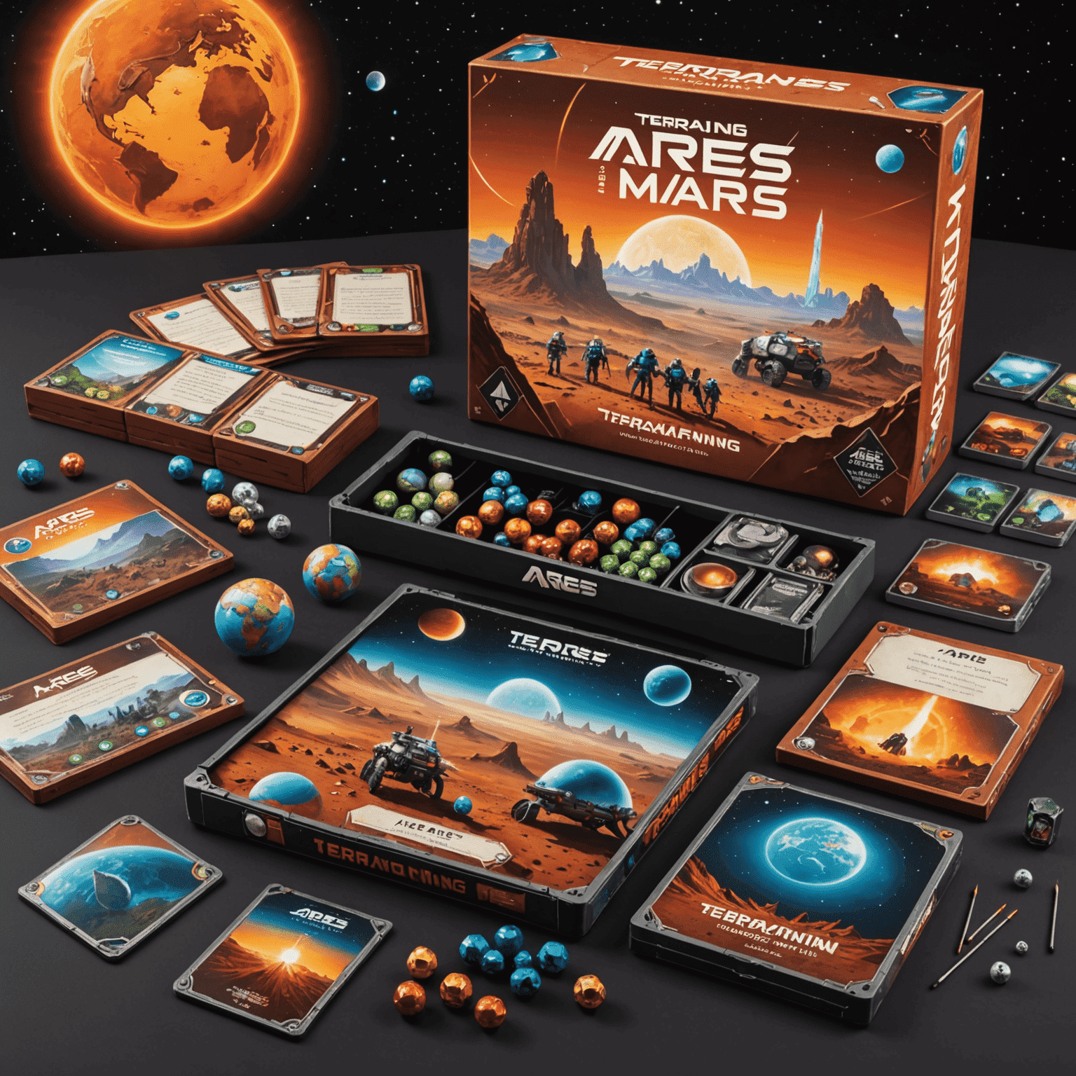 Kotak dan komponen permainan Terraforming Mars: Ares Expedition