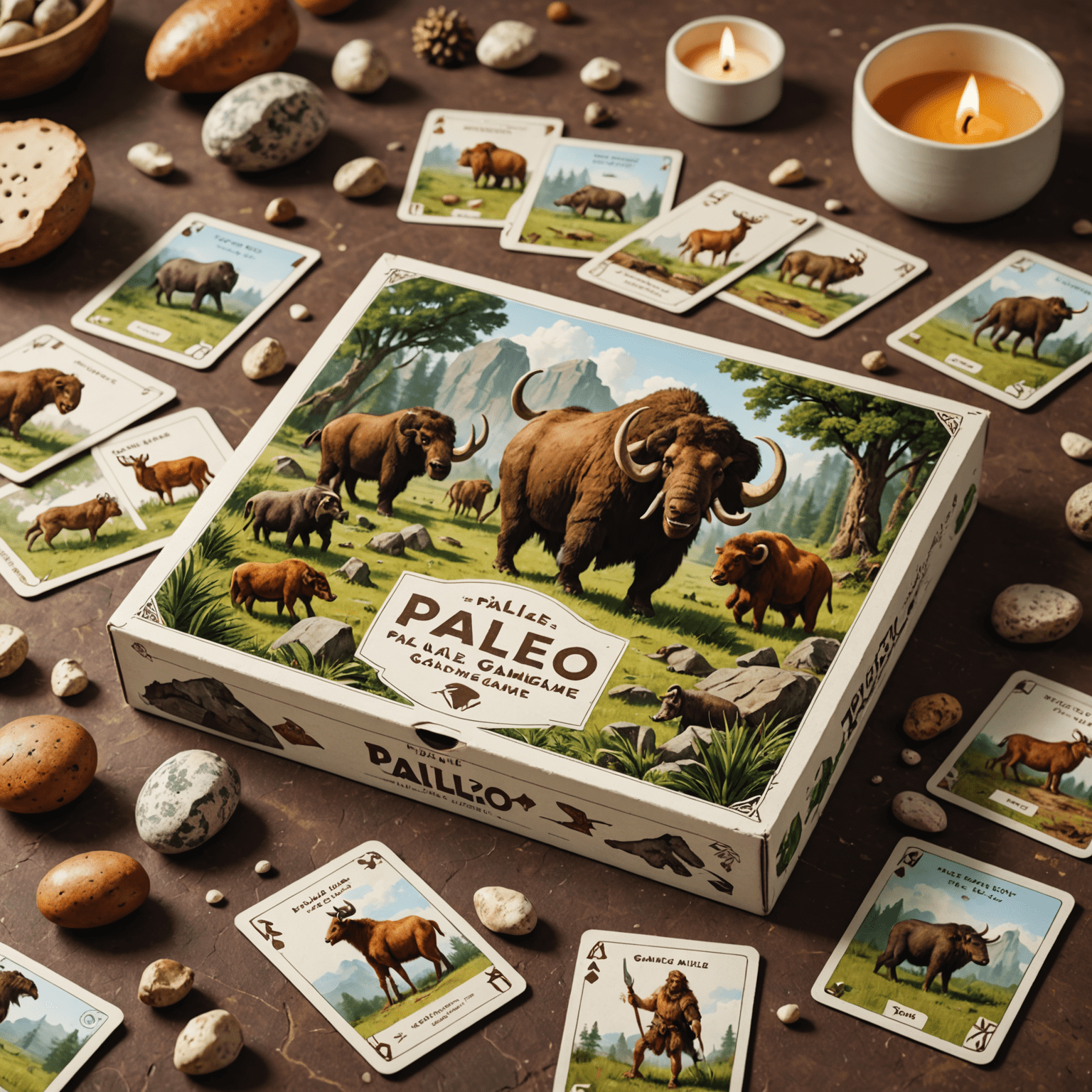 Ilustrasi zaman batu pada kotak permainan Paleo dengan kartu-kartu tersebar