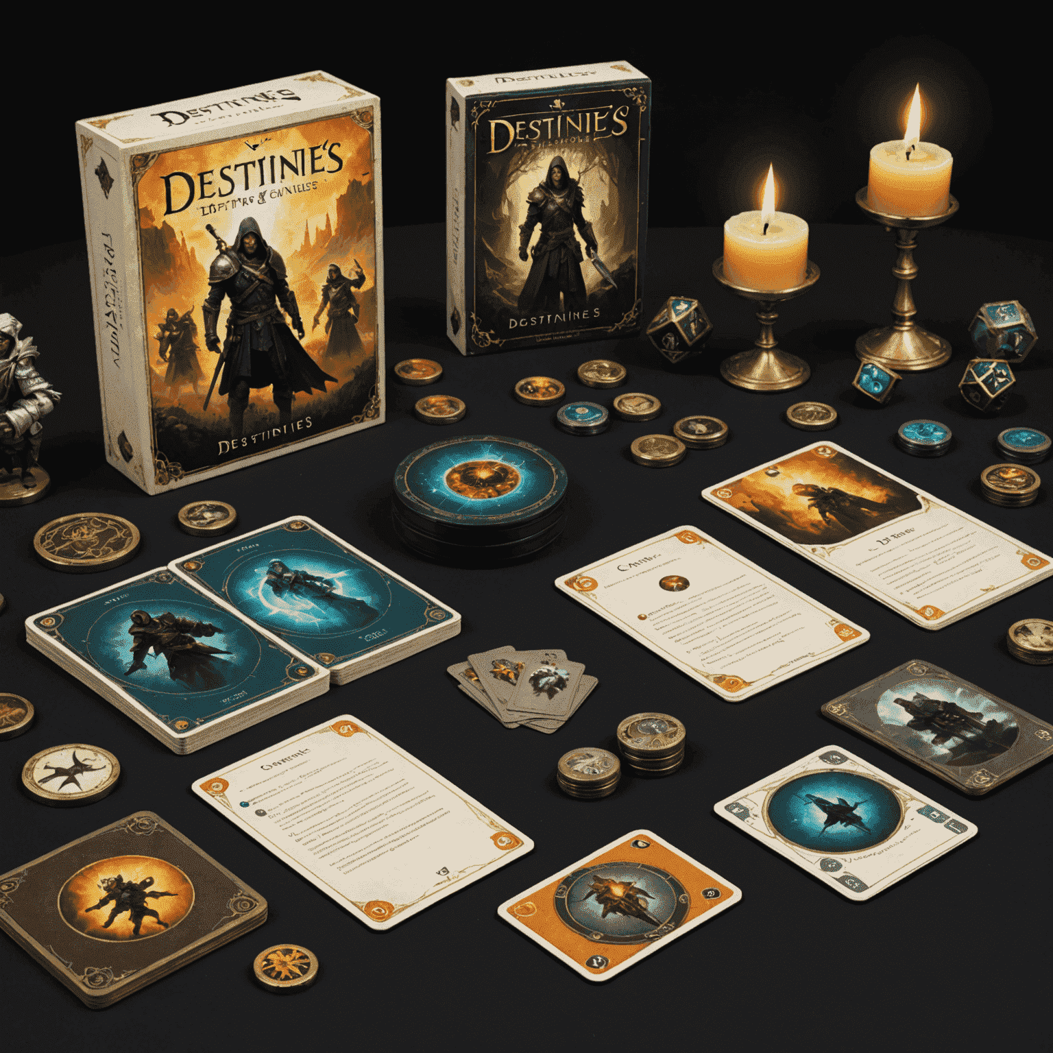 Komponen permainan Destinies termasuk miniatur, kartu, dan aplikasi pendamping